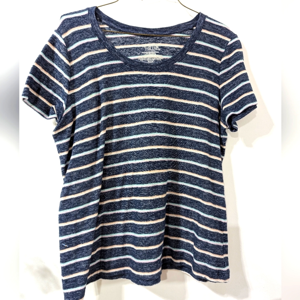 Time & Tru Blue Pink Stripes Top Size XL